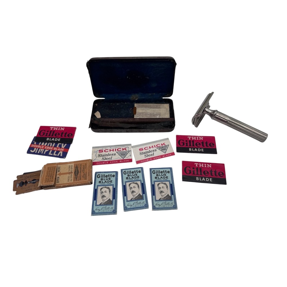 Vintage Gillette Safety Razor Kit Double Edge Razor Blades Travel Case Set